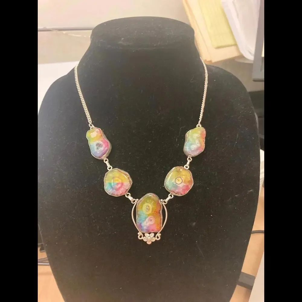 Stunning Sterling Rainbow Agate Stone Necklace - Picture 7 of 10